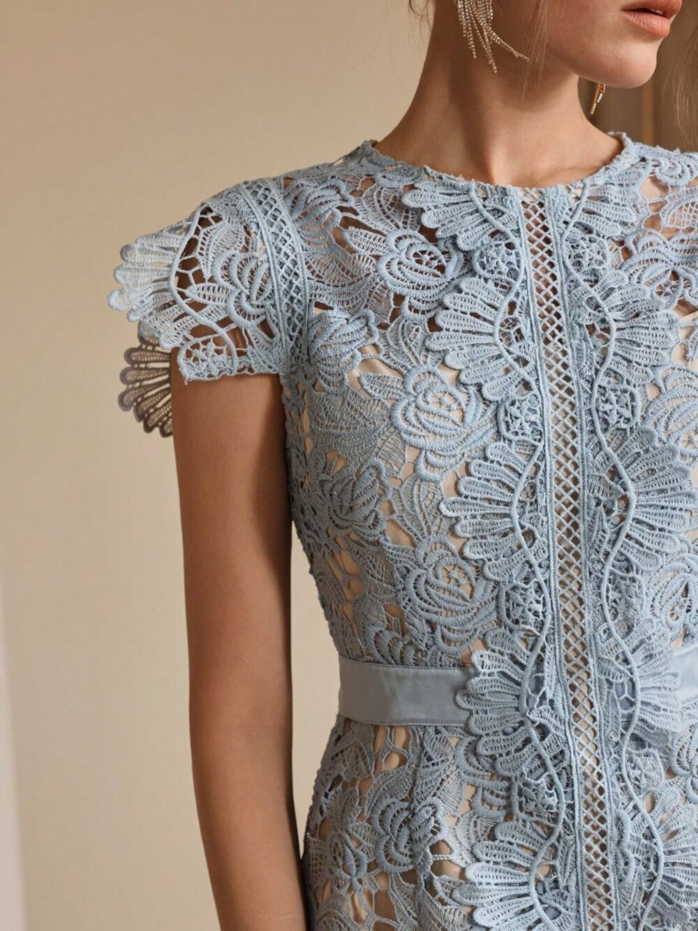 Baby Blue Elegant Women's Festival Lace Embroidery Round Neck Short Sleeve Dress - Picture 5 of 5